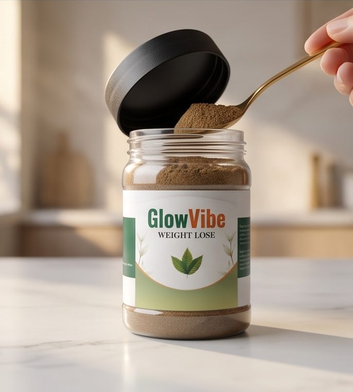 A golden spoon lifting GlowVibe powder from an open jar